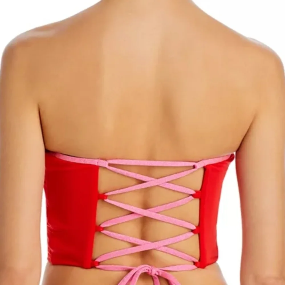 Aqua Red Lace Up Cropped Tankini Top, SIZE Large